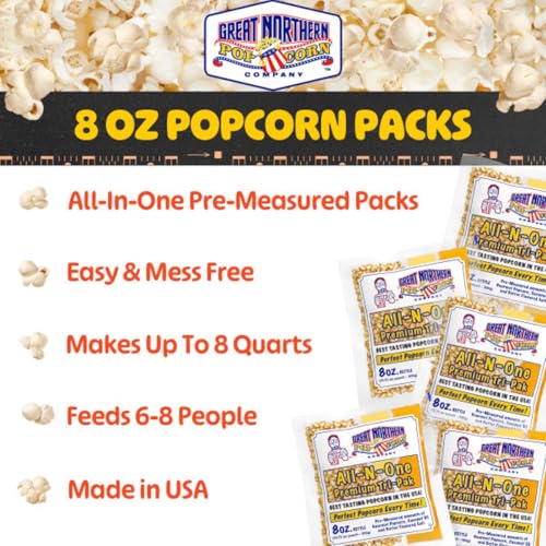 Movie Theater Style 40-Count Popcorn Packs - Pre-Measured 8-Ounce All-in-One Kernel, Salt, Oil Packets for Popping Machines by Great Northern Popcorn | All-in-One Pre-Measured Kernels, Butter Flavored Salt, and Coconut Oil Packets for 8oz Kettle - Movie…