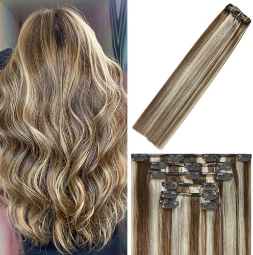 WindTouch Clip In Hair Extensions Human Hair Mixed Bleach Blonde 18Inch 75g Hair Extensions for Women Remy Blonde Extensions Clip in #18p613 7PCS