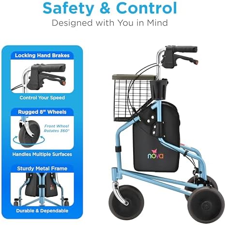NOVA Traveler Folding 3-Wheel Walker with Tray, Basket, Pouch & Cup Holder, Lightweight Mobility Aid for Seniors & Adults, 8” All-Terrain Wheels for Tight Spaces & Travel, Sky Blue