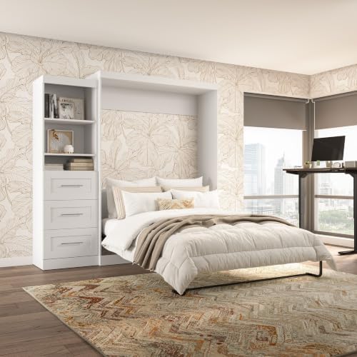 Bestar Pur Queen Murphy Bed and Shelving Unit with Drawers, 90-inch Space-Saving Wall Bed | Shelving Unit with Drawers, supports up to 1000 lb
