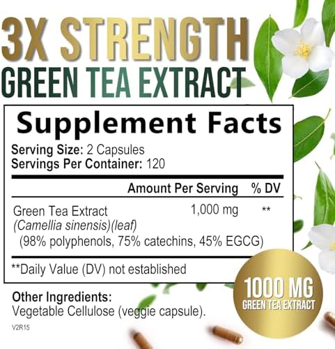 Green Tea Extract 1000mg Per Serving - 98% Polyphenols & 45% EGCG Capsules, Heart Support with Antioxidants - 3X Absorption Green Tea Pills Supplement, Natural Energy, Gentle Caffeine - 240 Capsules
