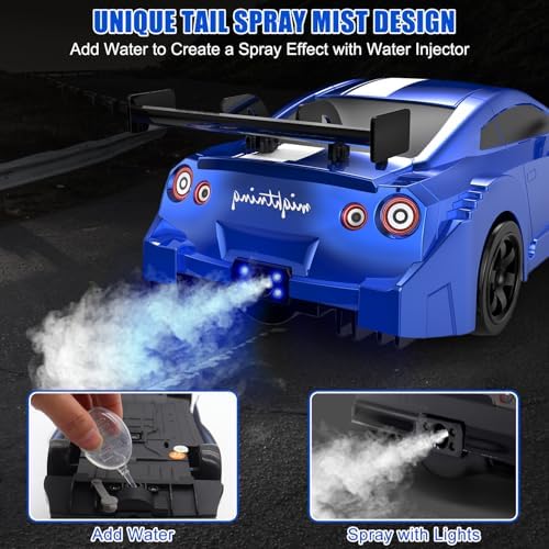 Dollox RC Drift Car 1/16 Scale Remote Control Car 2.4GHz 4WD High Speed 18+KM/H Race Car with LED Light and Spray, Extra Drifting Tires Racing Vehicle Toy Birthday Gifts for Adults Boys, 2 Batteries