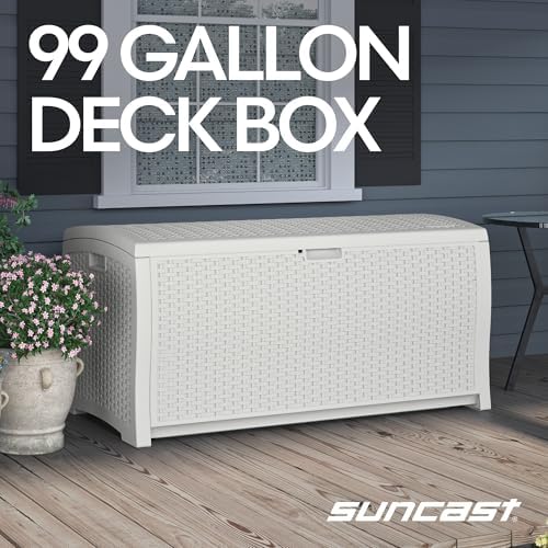 Suncast 99 Gal Wicker Resin Deck Box, Storage Chest Bin with Handles, Java