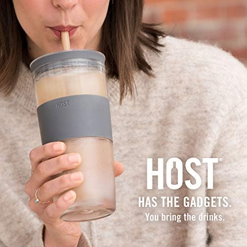 HOST Double Wall Insulated Freezable Drink Chilling Tumbler with Freezing Gel Glasses for Red and White Wine, Straw and Lid, Plastic, 16 oz, Grey