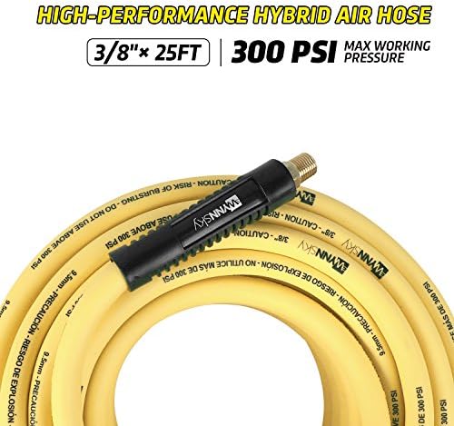 3/8" Hybrid Air Hose 50ft 1/4" MNPT Air Compressor Hose Heavy Duty Lightweight Hybrid and Bend Restrictor Fittings