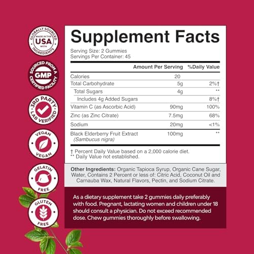 Elderberry Vitamin C and Zinc Gummies - Advanced Immune Booster Sambucus Elderberry Gummies for Adults - Super Antioxidants Supplement Immunity