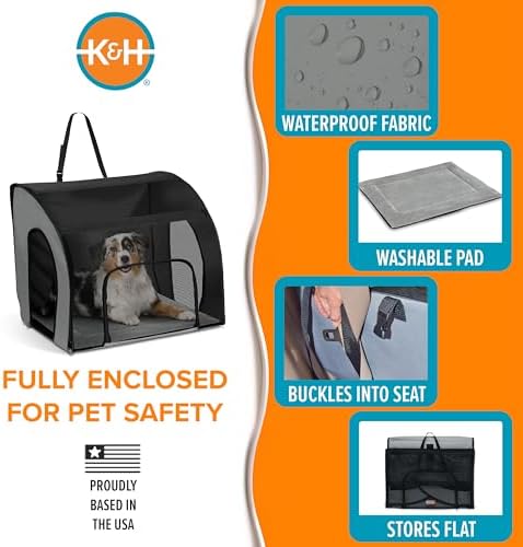 K&H Dog Car Seat, Travel Safety Carrier for Pets, Medium, Gray/Black | Enclosed Car Seat for Dogs, Soft-Sided Covered Pet Carrier, Washable Pad, Multiple Entrances, Mesh Windows, 24x19x17in