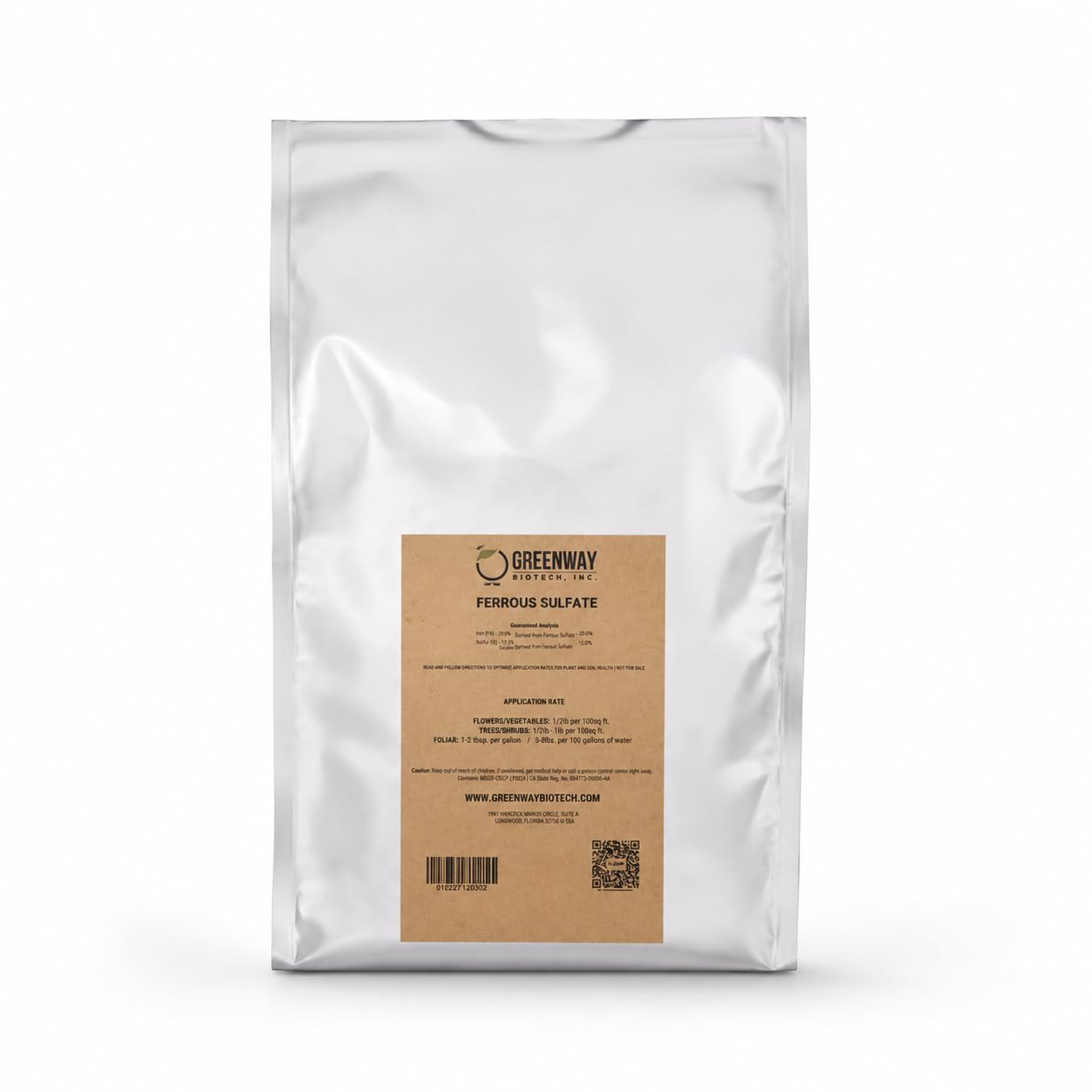 Greenway Biotech Ferrous Sulfate 20% Iron Fe Fertilizer, Water Soluble Plant Food with Sulfur for Lawns Trees Shrubs Vegetables and Acid-Loving Plants, Powder Soil Amendment 1 LB