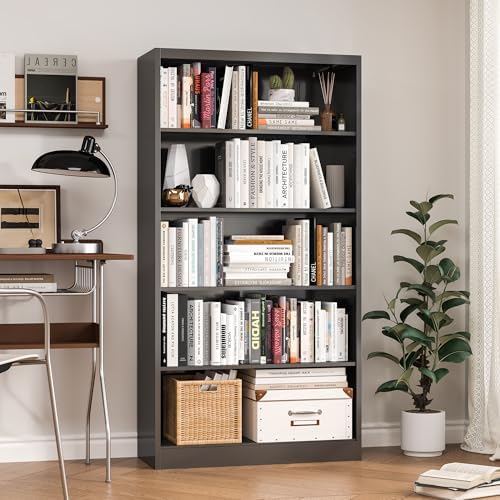 Bookcase,5 Tier White Bookshelves,66" Tall Free Standing Metal Bookcase with Adjustable Storage Shelves, Industrial Wide Bookshelf for Bedroom Living Room Home Office School