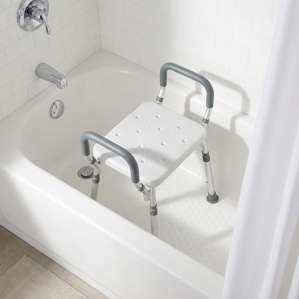 NOVA Adjustable Shower Bench with Padded Arms – Lightweight, Skid-Resistant Tips, White Plastic Seat with Drainage Holes