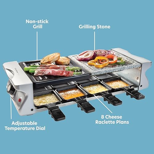Electric Cheese Raclette Table Grill w Cooking Stone & Grilling Plate | Nonstick
