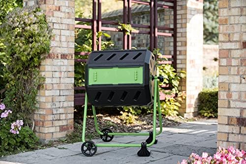 FCMP Outdoor HOTFROG Mobile Dual Chamber Tumbling Composter with Wheels - Outdoor Rotating Garden Compost Bin (HF-IM4000-WK) Black & Green (37-Gallon)