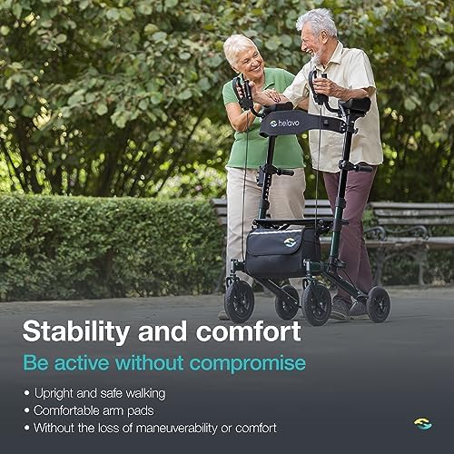 Helavo Upright Walker with Seat, Foldable Stand Up Walker with Rubber Tires | All Terrain Tall Standing Rollator, Padded Armrests, Height Adjustable