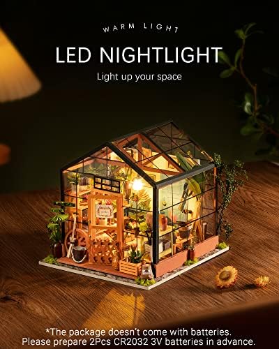 Rolife Cathy's Greenhouse Miniature Kit with LED Lights | 1:18 Scale Flower House Wooden 3D Puzzle Model Kit for Beginners DIY Craft for Adults Diorama Home Decor & Birthday Gift