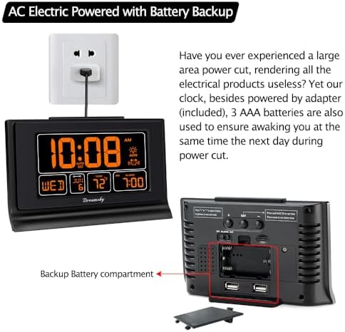 DreamSky Alarm Clocks for Bedrooms with Battery Backup, Auto Set | Digital Clock with Date & Day of Week, 5 Inch Large Display, Weekday, Temperature, USB Port, Auto DST, Brightness Dimmer