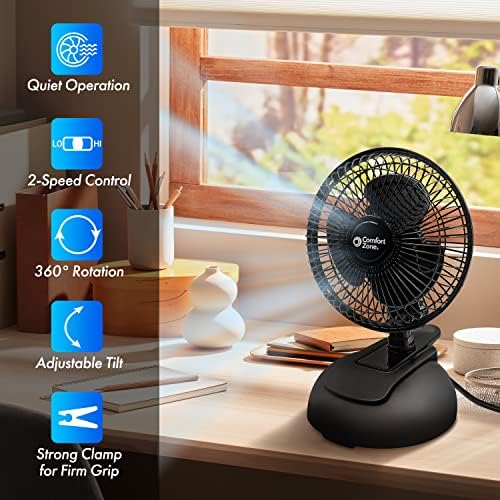 Comfort Zone CZ6XMWT 6” 2-Speed Combo Clip or Desk Fan with Removable Base, Strong Clamp for Firm Grip, Suitable for Bedroom, Office, or Dorm Room, White