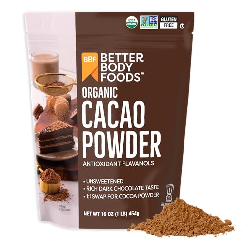 BetterBody Foods Organic Cacao Powder, Rich Chocolate Flavor, Non-GMO, Gluten-Free, Cocoa, 16 ounce, 1 lb bag