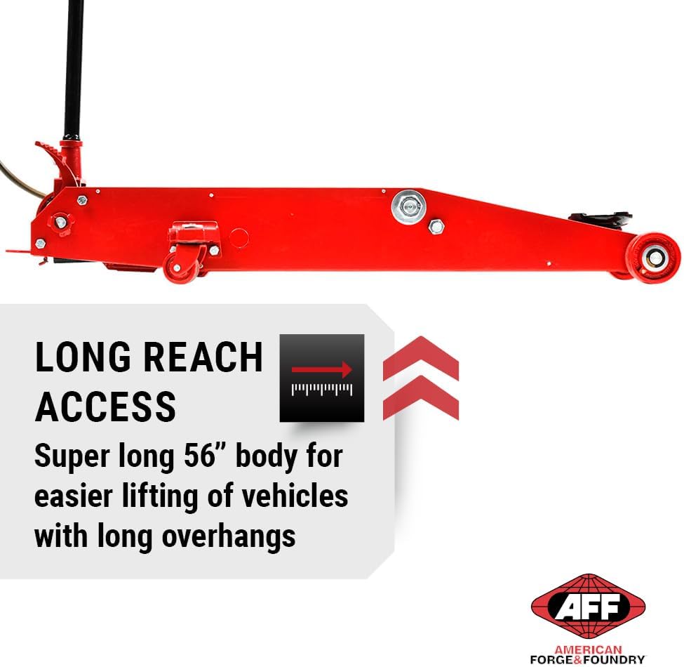 AFF 10 Ton Air Hydraulic Long Chassis Jack - for Long Overhang Vehicles | 10 T Floor Jack with Foot Pump & 3-Position Lock Handle - Ideal for Repair Shops, Bus & Truck Fleets, Heavy Duty Equipment
