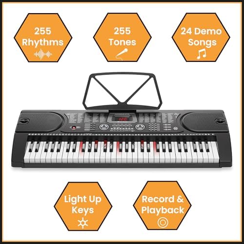 Hamzer 61 Key Keyboard Piano with Lighted Keys, Beginner Electronic Piano Keyboard Set with Stand, Bench, Headphones, Microphone, Keynote Stickers