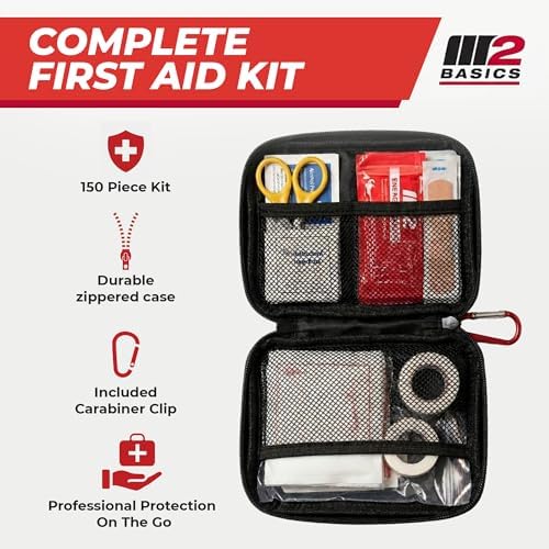 M2 BASICS 150 Piece Premium First Aid Kit, Compact Bag for Purse & Travel | On-The-Go Emergency Use, Backpack, Glove Box, Luggage, Carry-On, School
