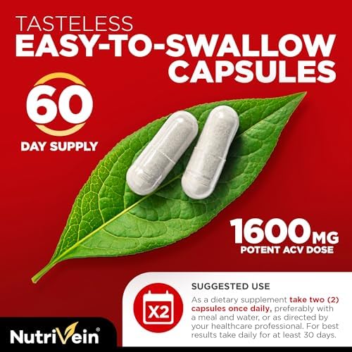 Nutrivein Apple Cider Vinegar Supplement with Mother 1600 mg - 120 Capsules | Unfiltered ACV pills for men and women. Supports digestion