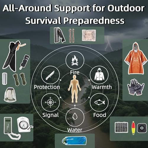Camping Survival Kit, All in One Outdoor Emergency Gear with Knife, Fire Starter, Fishing Kit, Water Pouch & Compass for Hiking Backpacking Bushcraft Gift for Him