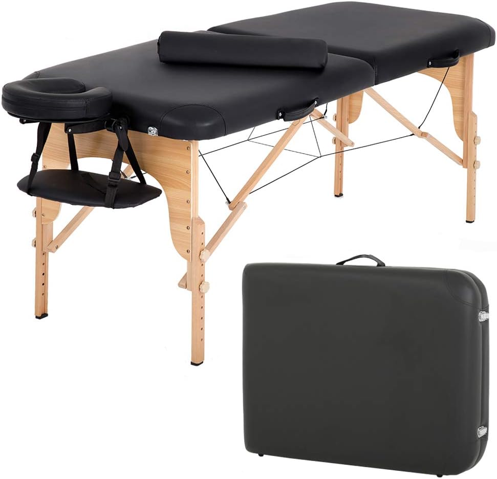 BestMassage | Portable Massage Table | 24" Wide, Black PU Leather | Lightweight, 2-Fold Massage Table with Height Adjustment, 450lbs Capacity, Carry Bag | For Massage, Facial, Tattoo, Home, Spa
