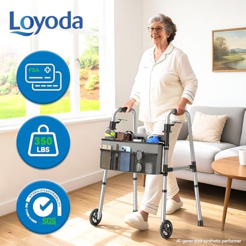 Loyoda Folding Walker with Basket and Glide Skis, 5" Wheels, Lightweight | Standard Walker for Seniors and Adults, Offers 8 Height Adjustments (31"-38"), Supports up to 350 lbs