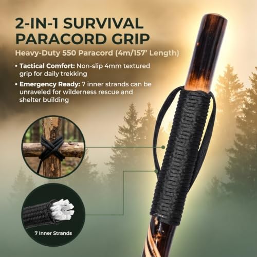 FOREST PILOT Handcrafted Nature Wood Hiking Stick 55 Inches Long - with Hand Strap and Rubber Tip Cover - Transparent Waterproof Painting Coating