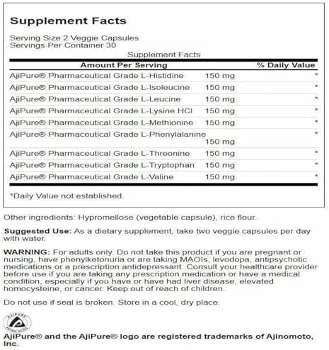 Swanson AjiPure 9 Essential Amino Acid Formula, 60 Veg Capsules | Comprehensive Formula with All 9 Essential Amino Acids for Peak Fitness Support, Promotes Muscle Health and Recovery