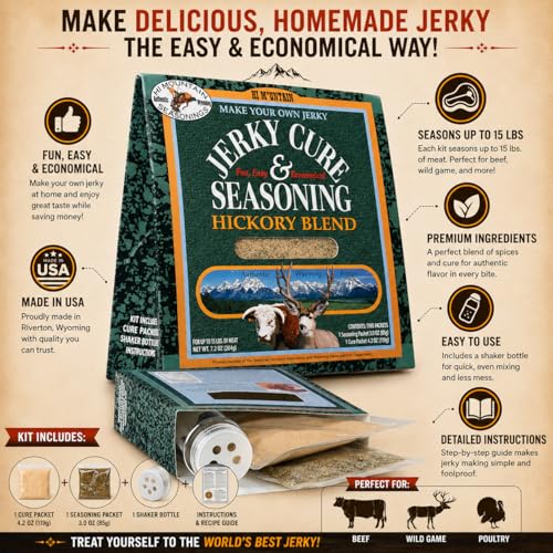 Hi Mountain HICKORY BLEND Jerky Seasoning and Cure Kit | Beef & Venison | Rich hickory smoke flavor, perfect jerky seasoning for deer, elk