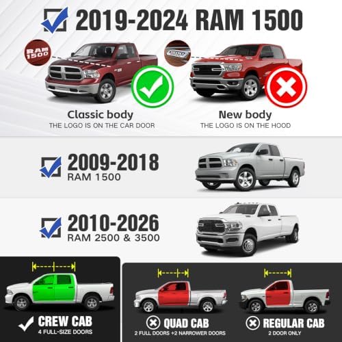 Crew Cab Running Boards Side Steps Compatible for 2009-2018 Dodge Ram 1500, 2019-2024 1500 Classic, 2010-2026 Dodge Ram 2500 & 3500 CrewCab