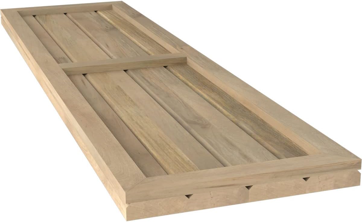 14"W x 58"H Americraft Four Board Exterior Real Wood Two Equal Panel Framed Board-n-Batten Shutters (Per Pair), Unfinished