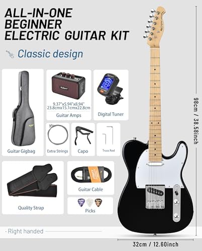 Leo Jaymz Beginner Electric Guitar Complete Kit with Portable Amp, Padded Gig Bag & Full Accessories, Maple Neck (TL-White)