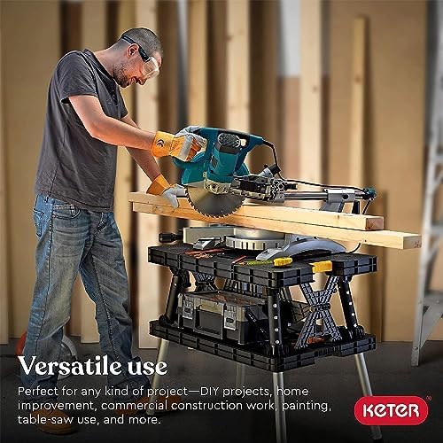 Keter Heavy-Duty Folding Workbench with 1,000 Pound Capacity | Foldable Work Table with 12 Inch Adjustable Clamps for Garage and Outdoor Workshop, Home Improvement, and Construction