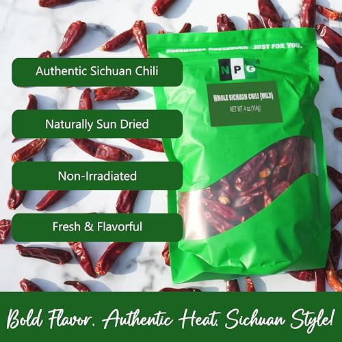 NPG Sichuan Dried Red Chili Peppers 4 Oz, Mild Hot, Whole Chili Peppers