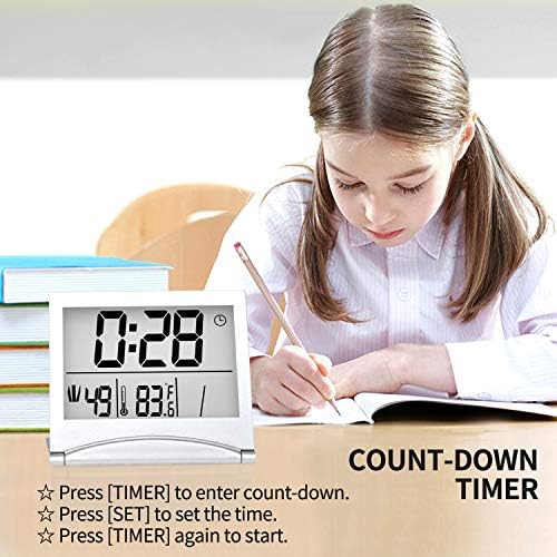 Betus Digital Travel Alarm Clock - Foldable Calendar Temperature Timer LCD Clock with Snooze Mode - Large Number Display, Battery Operated - Compact Desk Clock(Silver, No Backlight)