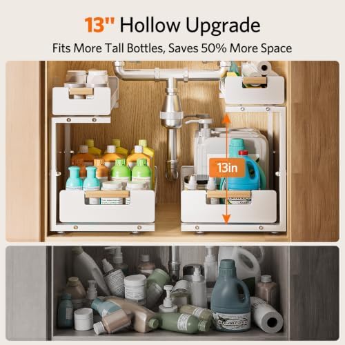 Delamu Under Sink Organizer Kitchen, 2-Tier Pull-Out Cabinet Shelf, 2-Pack | 2-Tier Smooth Slide, 5 Adjustable Heights, Anti-Tip Suction Cups