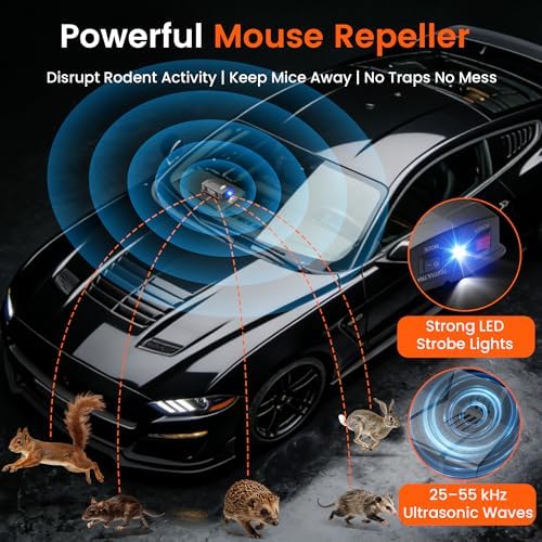 Rodent Repellent for Car Engines, Battery Powered Ultrasonic Mouse Squirrel Repellent, Under Hood Rat Repellent for Car, Garage, Basement, Warehouse