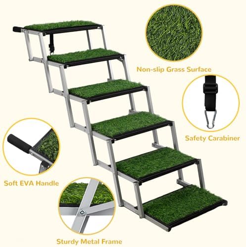 Foldable Dog Stairs for Car,17" Extra Wide Pet Ramp for Large Dog,6 Steps | 17" Extra Wide 200LBS Capacity Lightweight Portable Reinforced Pet Ramp for SUV Truck High Bed