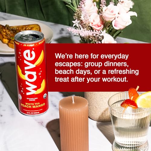WAVE Organic Sparkling Drink, Soda Alternative, White Tea Peach Mango | No Added Sugar, Low Calorie, No Artificial Sweeteners, Coconut Water