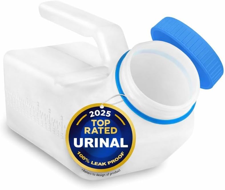 Male Urine Bottle (35 oz), Portable Urinals for Men Spill Proof Nighttime, Pee Bottles for Men with Screw-On Lid