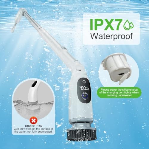 Electric Spin Scrubber, Bathroom Scrubber with Aluminum Alloy Handle | 3H Work Time, Cordless Cleaning Brush with 3-Speed, IPX7 Waterproof