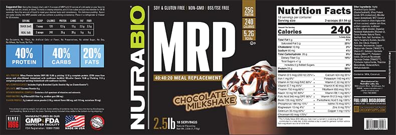 NutraBio MRP Complete Meal Replacement Protein Powder, Chocolate - 2.5lbs