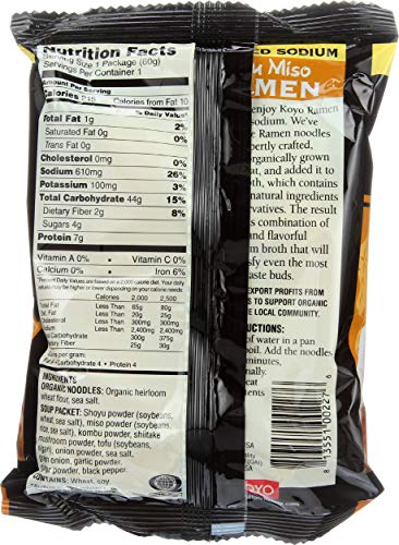 Koyo Ramen Soup, Tofu Miso Reduced Sodium, Made With Organic Noodles, No MSG, No Preservatives, Vegan, 2.1 Ounces Per Package (12 Pack)