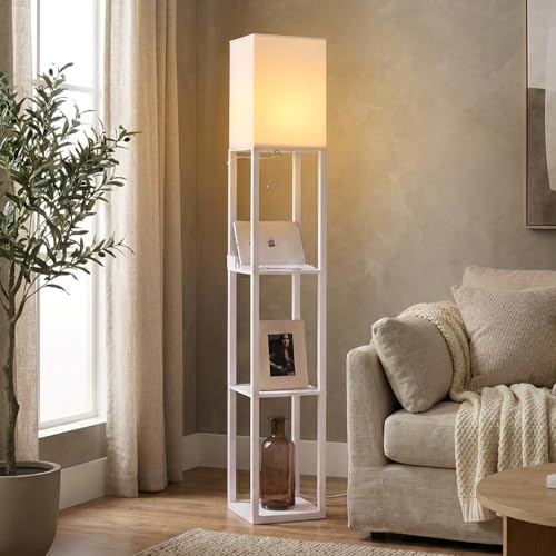 Brightech Maxwell Charger - Modern Shelf Floor Lamp with USB Charging Ports & Electric Outlet - Corner Display Floor Lamps with Shelves for Living