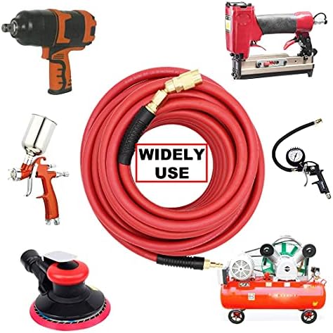 YOTOO Rubber Air Hose 3/8-Inch by 50-Feet 300 PSI with 1/4" Industrial Swivel Solid Brass Quick Coupler, Plug and Bend Restrictors, Red