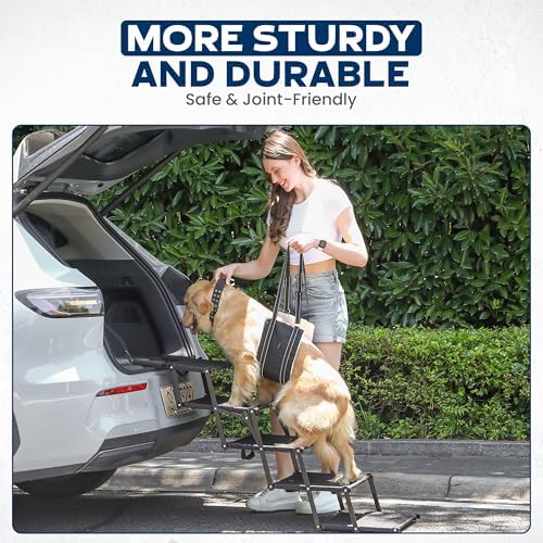 VERALUX 5 Step Foldable Dog Stairs for Large Dogs | Folding & Collapsible Dog Stairs for Car & SUV | Steps for Dogs to Get in Car | XL Lift Harness