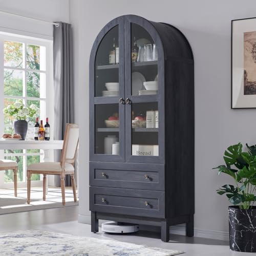 IFGET 71" Tall Arched Kitchen Pantry, Modern Farmhouse Wood Kitchens Storage Cabinets with 2 Large Drawers and Adjustable Shelves, Versatile Cupboard for Kitchen, Dining Room, Bathroom, Natrual