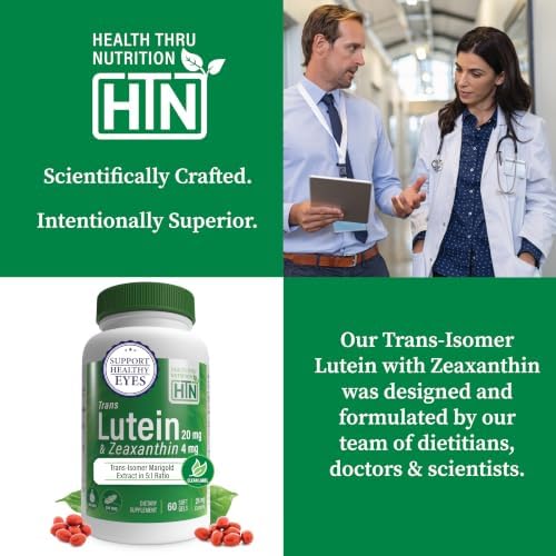 Trans Lutein 20mg Trans Zeaxanthin 4mg, 60 Softgels Health Thru Nutrition | Trans-Isomer Lutein Supplement Marigold Extract in Nature Identical 5:1 Ratio | Supports Healthy Eye, Skin and Brain, Non-GMO